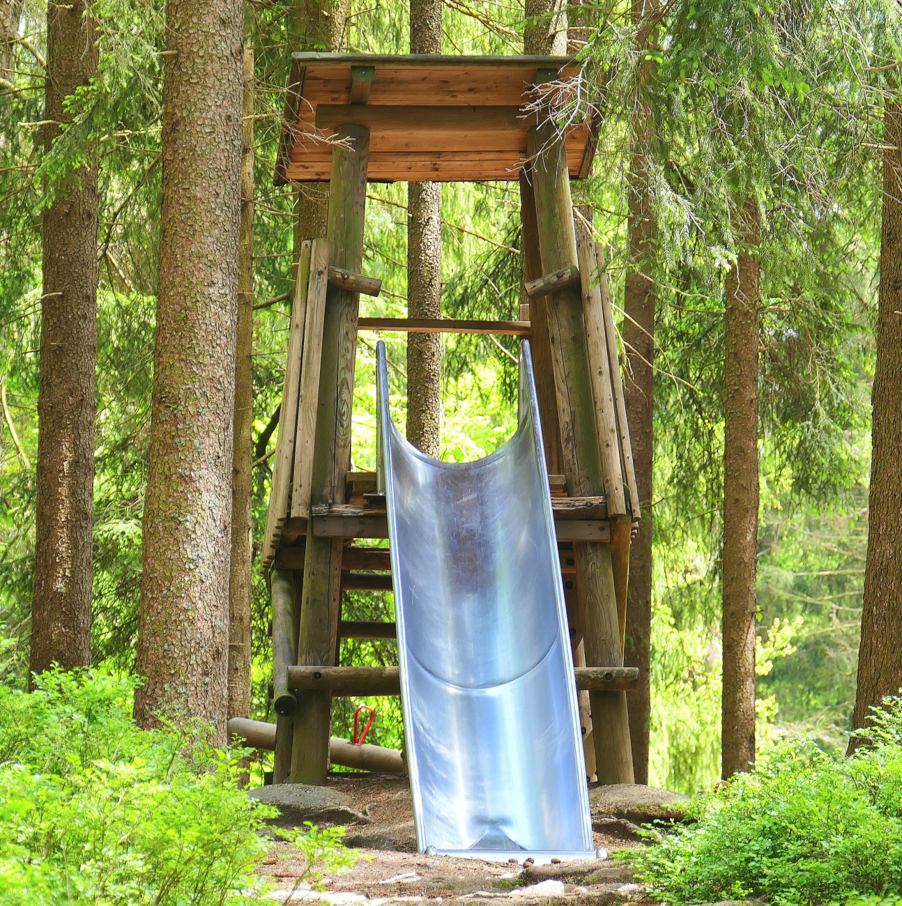 Foto: Martin Zehrer - Eine Rutsche, steht im Wald am Fichtelsee.  