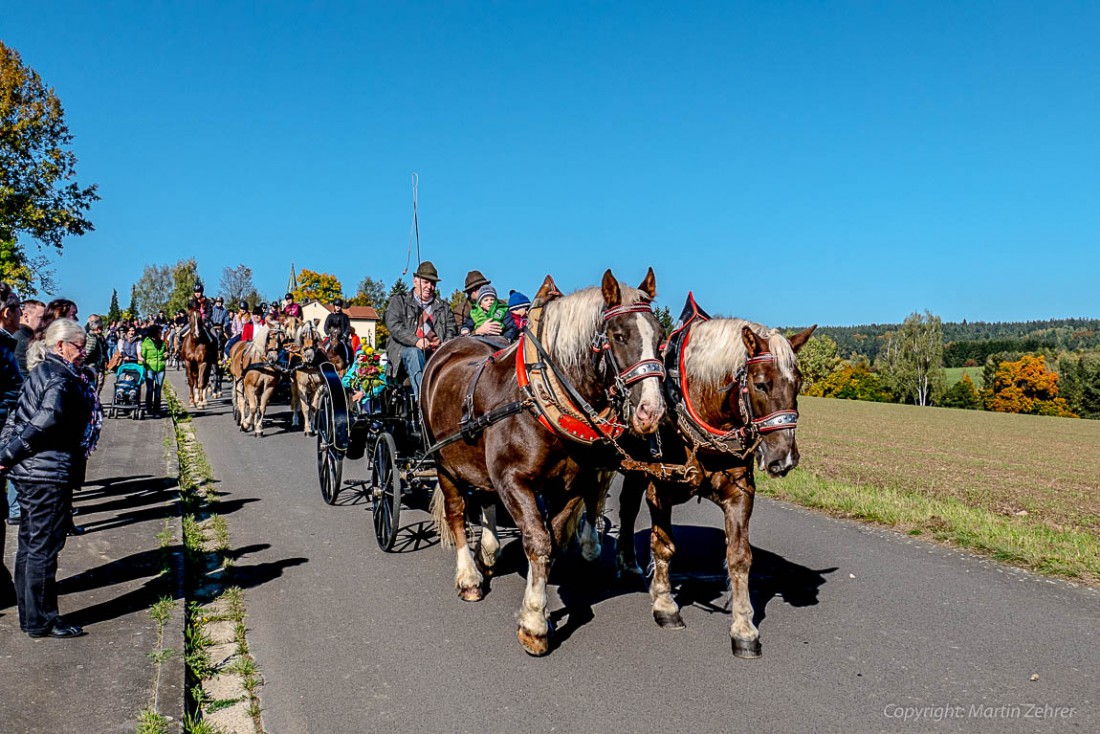 Foto: Martin Zehrer - Brächtige Rösser wurden vor die Kutsche gespannt. Wie es scheint, sind die Enkel mit dem Opa unterwegs?! Wendelinritt 2015 in Trevesen 