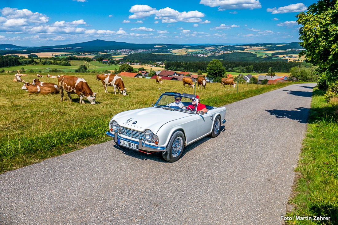 Foto: Martin Zehrer - Mit dem Triumph an der Kuhweide vorbei auf dem Armesberg unterwegs. Im Zuge einer Oldtimerausfahrt der Wunsiedler trafen sich am Mesnerhaus auf dem Armesberg die Fahrer d 