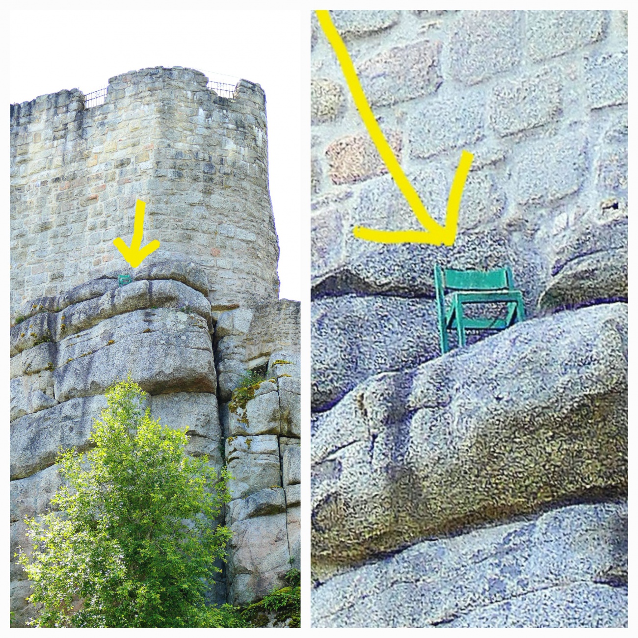 Foto: Martin Zehrer - Ein grüner Stuhl steht in großer Höhe an der Burgruine Weißenstein im Steinwald.  