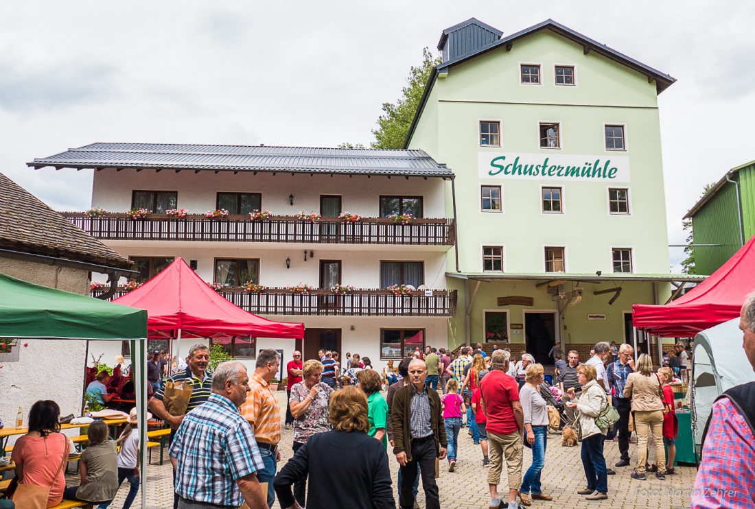 Foto: Martin Zehrer - Vor der Schustermühle. Die Mühle war am Tag der offenen Tür in Betrieb. Man konnte also live erleben, wie aus Getreide Mehl gemahlen wird. Die Gäste wurden Bewirtet, es g 